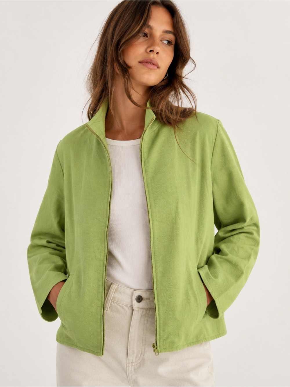 Eileen Fisher Textured Cotton Zip Jacket Green Lightweight Minimalist